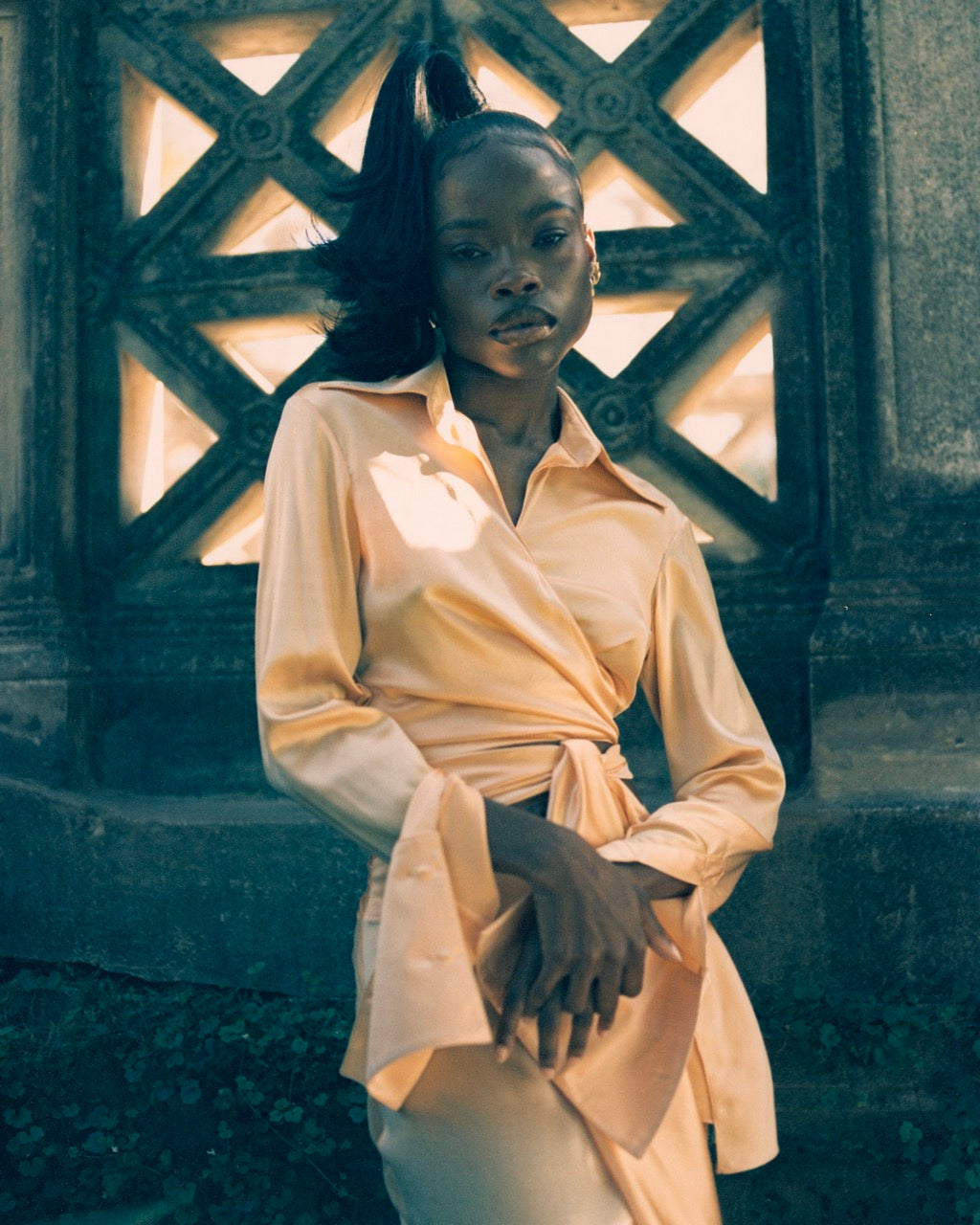 wrap blouse. Cropped top. Slik Top. Tie front blouse. Long sleeve blouse. Dressy blouse.  Maxi Skirt. Summer Skirt. Silk Skirt.  Satin Skirt. Womens Clothing, Wedding guest outfit. Hamptons outift. Vacation skirt. Womens Vacation outfit. Skirt with Train. Black owned Brand. KAPHILL. Krystal A Phillips